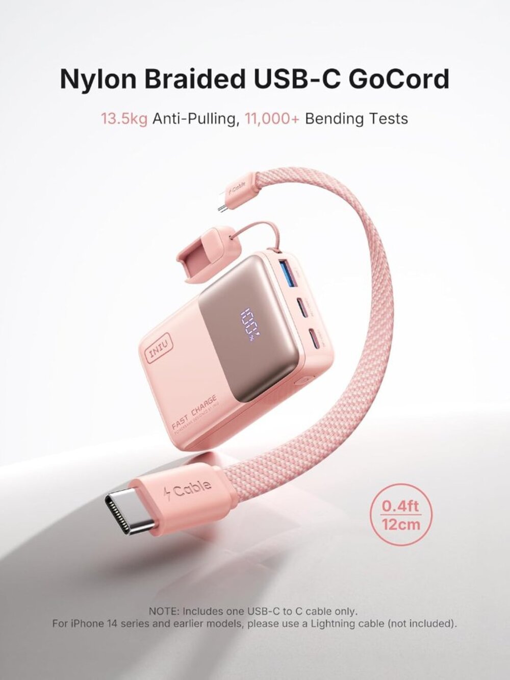 INIU 10000mAh 45W Ultra Mini Portable Charger Power Bank with Cable - Pink - Picture 4 of 7